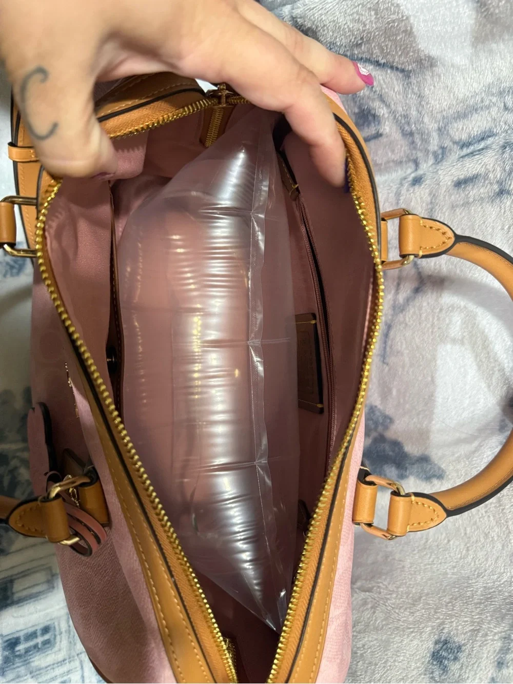 Coach Pink and Tan Satchel with Floral Charm